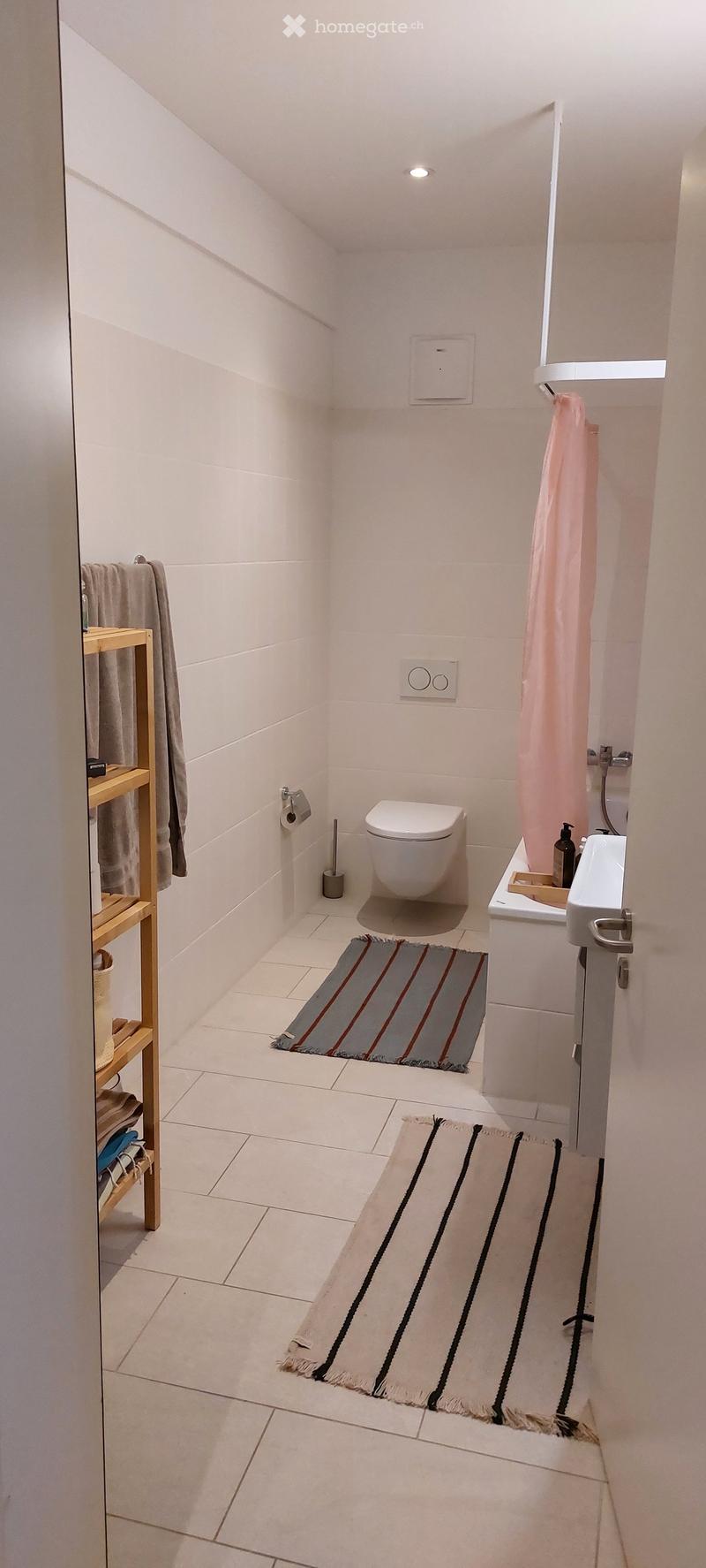 Modern, compact bathroom with white tiles, a toilet, a sink, a wooden shelf with towels, and two rugs on the floor.