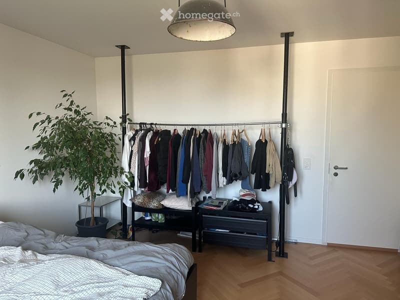 A modern bedroom with a wooden floor, a large bed with grey bedding, a clothing rack with multiple garments, a potted plant, and a nightstand with a drawer unit.
