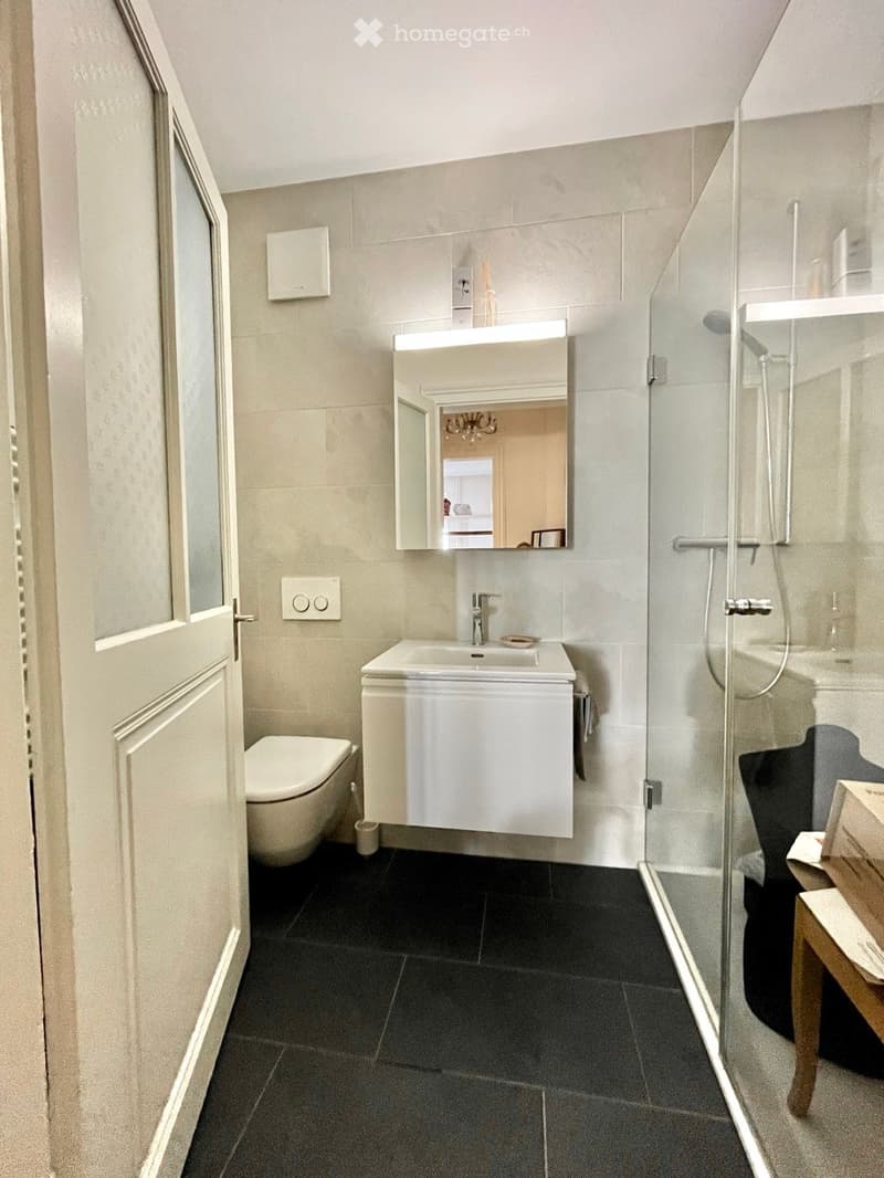 Modern bathroom with a white sink, mirror, toilet, and glass-enclosed shower. Dark tiled floor and light grey walls.