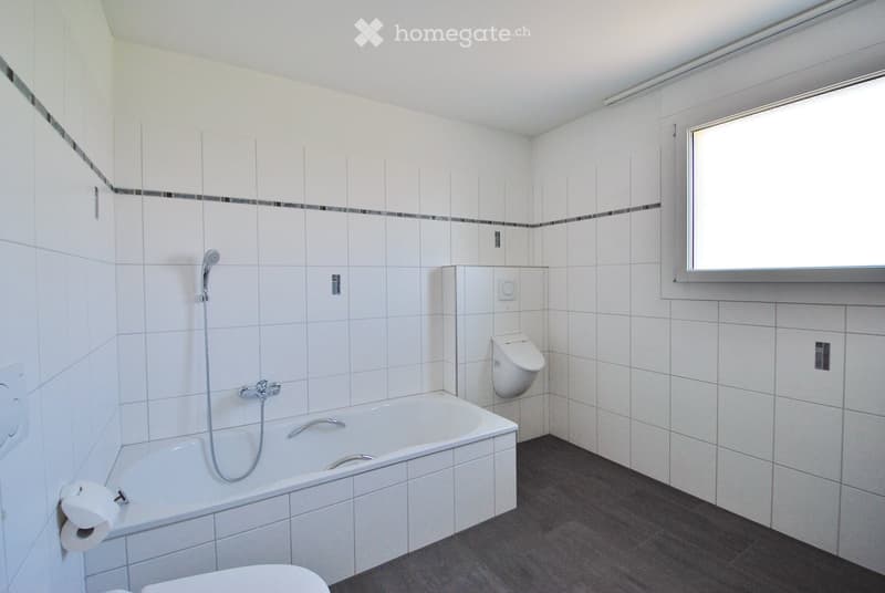 Modern bathroom with white tiled walls, a bathtub, a toilet, a showerhead, and a toilet paper holder.