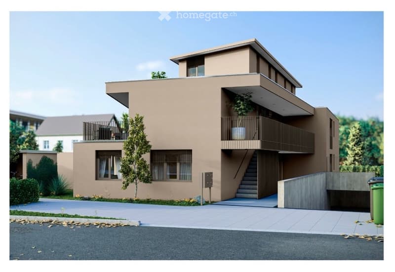 Modern two-story building with beige facade, multiple balconies, and a staircase leading to the entrance.