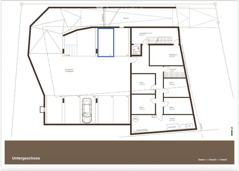 Floor plan of a basement level showing multiple rooms including a garage, parking space, boiler room, and several storage areas.