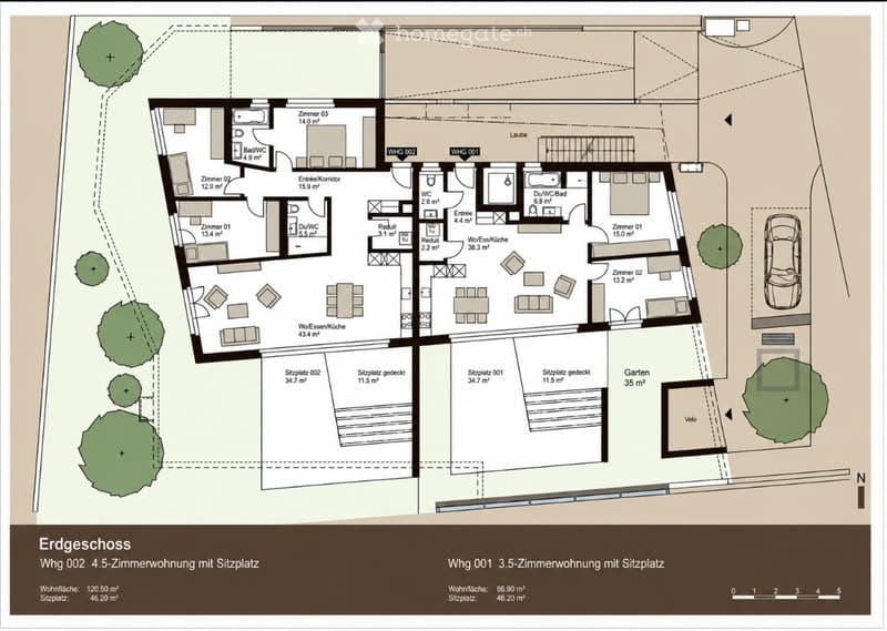 Floor plan of two apartments: 4.5-room and 3.5-room, each with living/dining area, kitchen, bedrooms, bathrooms, and outdoor seating areas.
