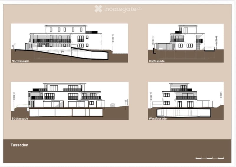 Four elevations of a modern multi-story building with balconies, windows, and a raised ground floor.