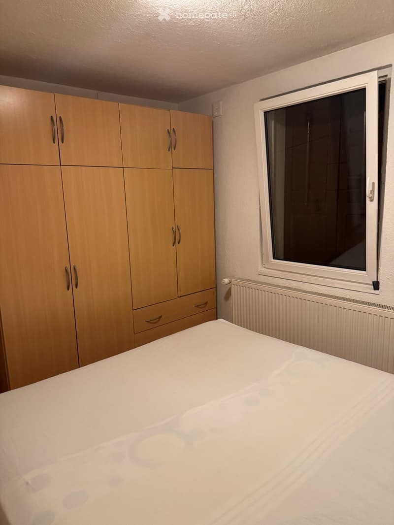 A tidy bedroom with a single bed, a large wardrobe, a window with blinds, and a radiator below the window.
