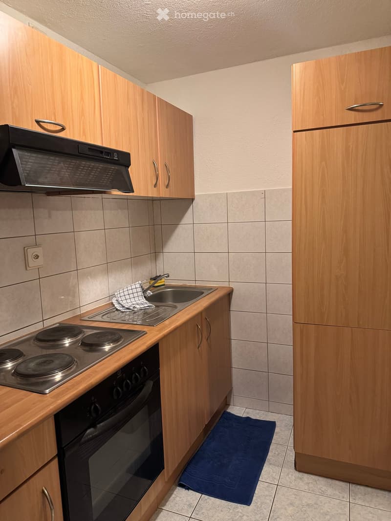 Compact kitchen with wooden cabinets, a four-burner electric stove, microwave, sink, and a small blue towel on the floor.