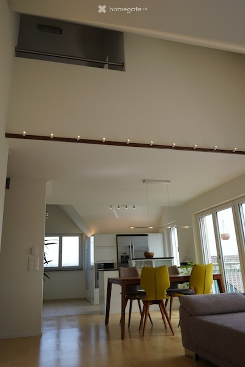 Open-plan living and dining area with modern furniture, including a sofa, dining table with chairs, and a kitchen area with appliances.