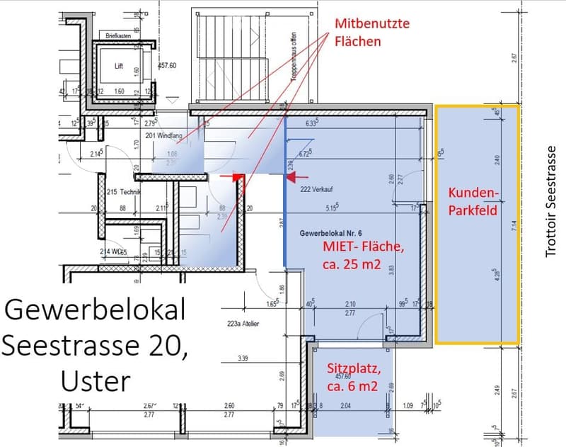 Floor plan of a commercial space at Seestrasse 20, Uster, showing layout with labeled areas including a sales area, workshop, seating area, and customer parking.