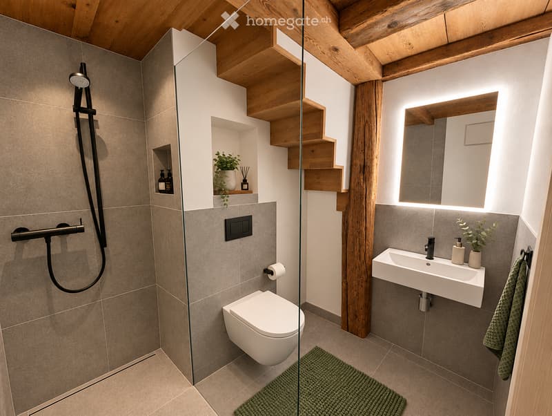 Modern bathroom with a toilet, sink, mirror, and shower. Features wooden beams, a green bath mat, and decorative plants.