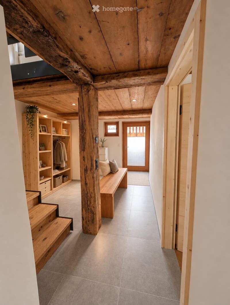 Cozy hallway with wooden beams, a wooden bench, built-in shelving, and a staircase leading upwards.
