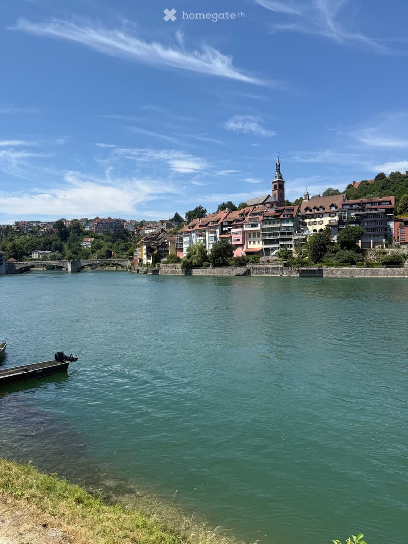 A scenic view of a river with a small boat on the left, a bridge in the background, and a town with colorful buildings and a church tower on the right.
