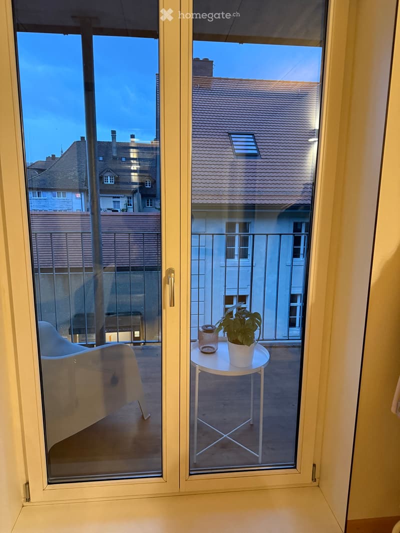 Balcony with a small round table, white chair, and potted plant, overlooking neighboring rooftops.