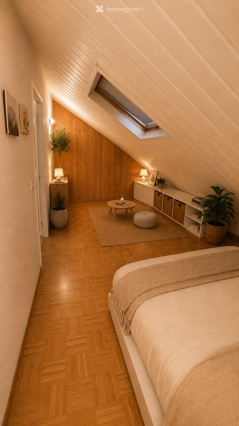 Cozy attic bedroom with wooden floors, slanted ceilings, and a skylight. Features a bed, small round table, stool, built-in cabinet, and decorative plants.