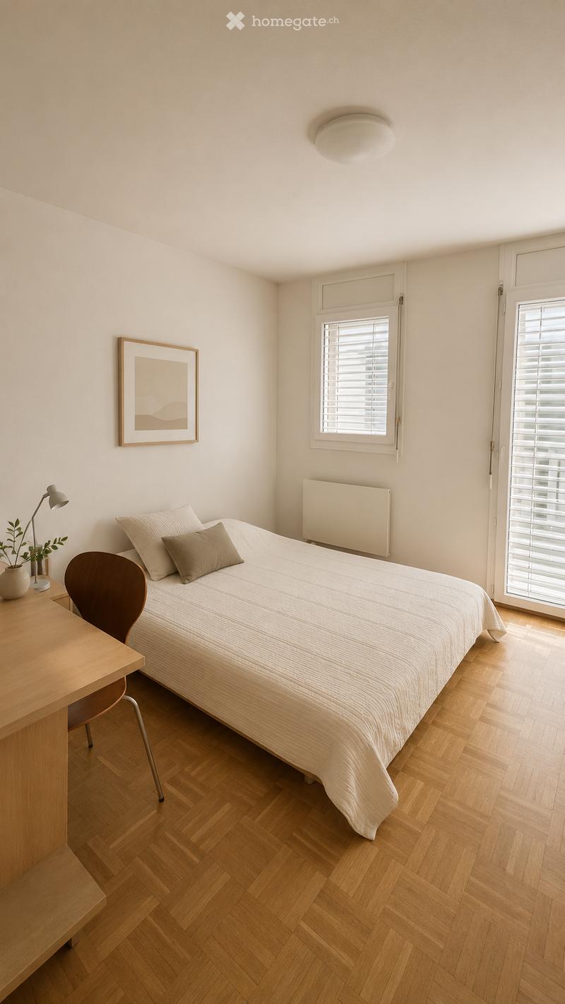 Minimalist bedroom with a wooden bed, two pillows, a wooden chair, a small table with a lamp and plant, and a framed picture on the wall.
