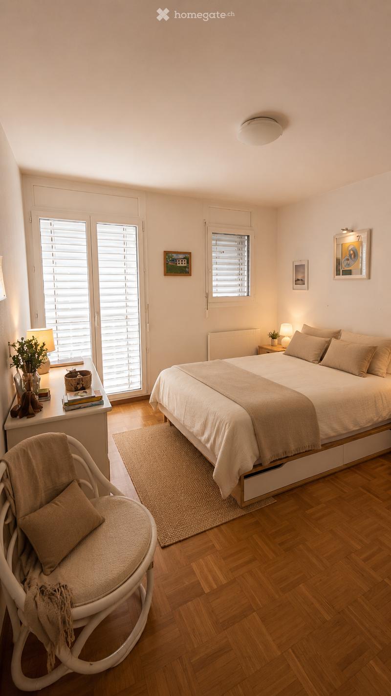 Cozy bedroom with a large bed, nightstand, chair, and a small table with a lamp and plant. The room features wooden flooring, large windows with blinds, and several picture frames on the wall.