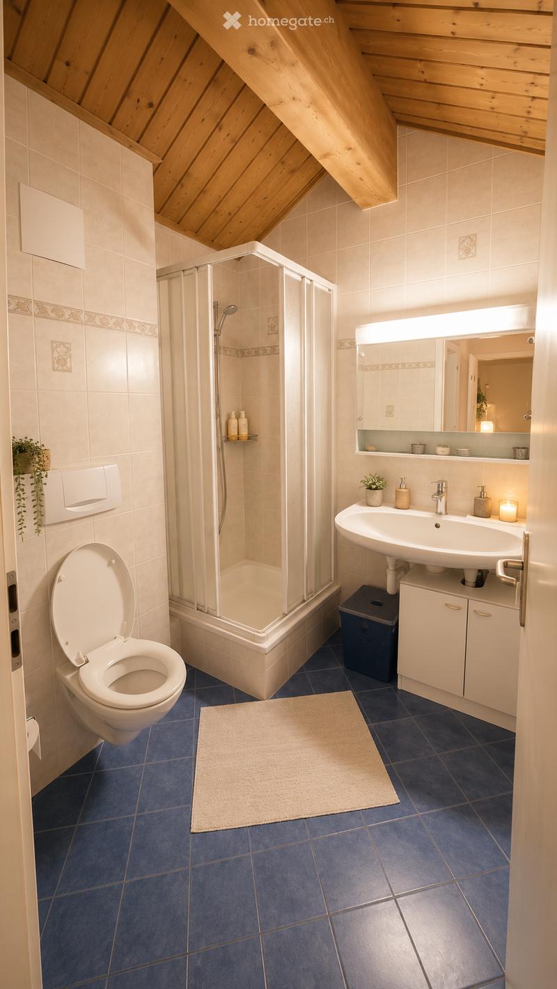 Bathroom with blue tiles, white toilet, sink, mirror, shower, and small plants on the counter.