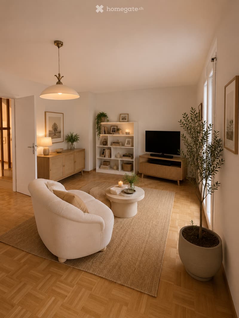 Modern living room with light wooden flooring, a white sofa, a round coffee table, a bookshelf, a TV, and decorative plants.