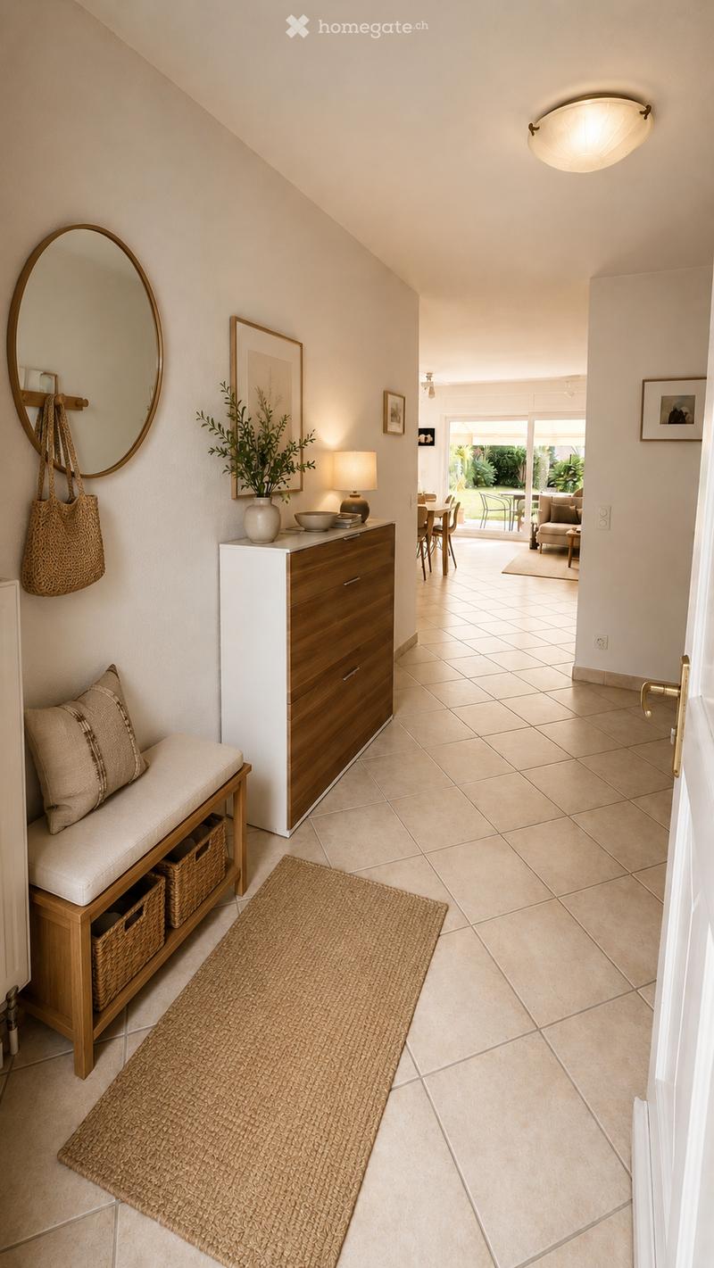 Bright hallway with tiled flooring, a round mirror, a small bench with storage, a woven rug, and a console table with a vase and lamp. The hallway leads to a dining area with chairs and a table visible in the background.