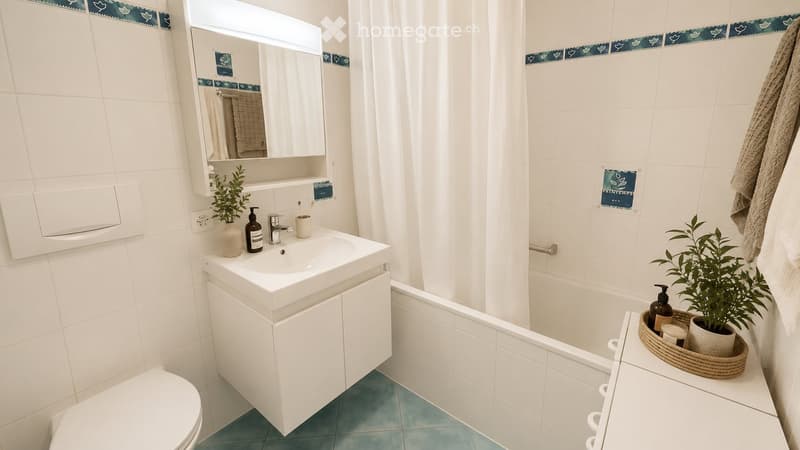 Modern bathroom with white tiles, a sink with a mirror cabinet, a toilet, a bathtub with a white curtain, and decorative plants on the edge of the tub.