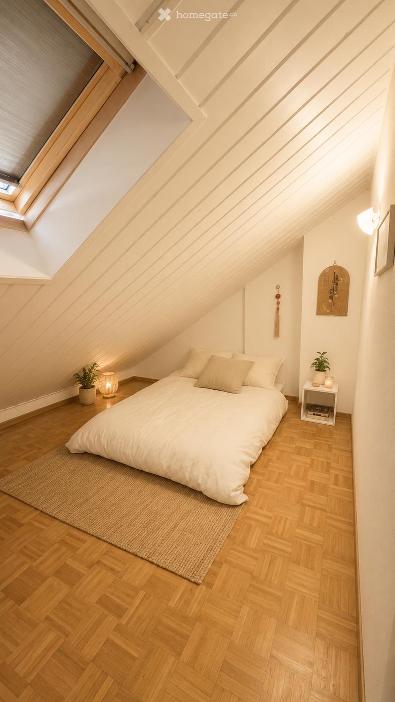 Cozy attic bedroom with wooden herringbone flooring, slanted white ceiling, and skylight. Features a single bed with white bedding, a nightstand with a lamp, and small potted plants on either side.