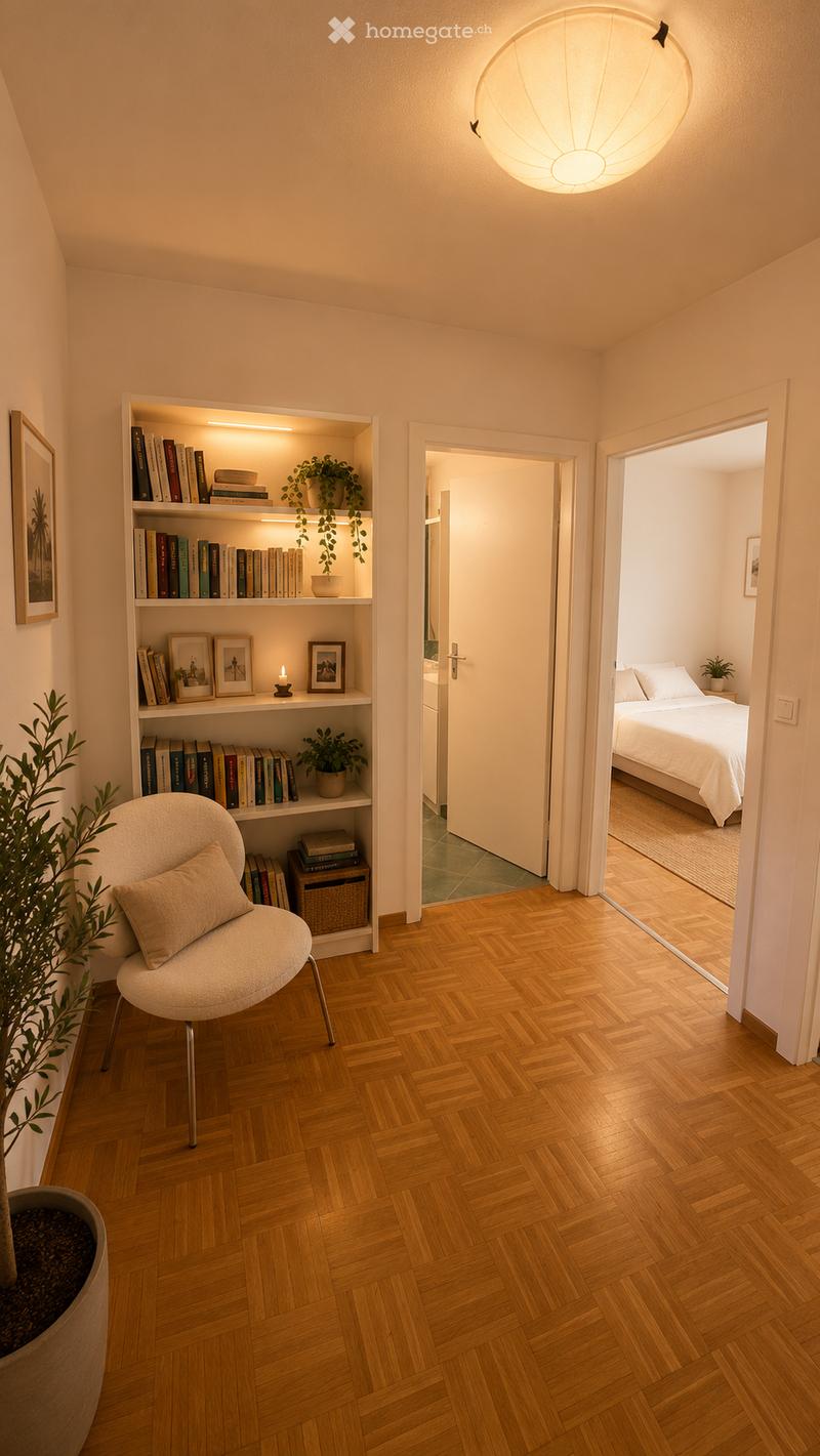 A cozy, well-lit hallway with wooden flooring, a modern chair, a built-in bookshelf filled with books and decorative items, and a view into a bedroom with a bed and additional decor.