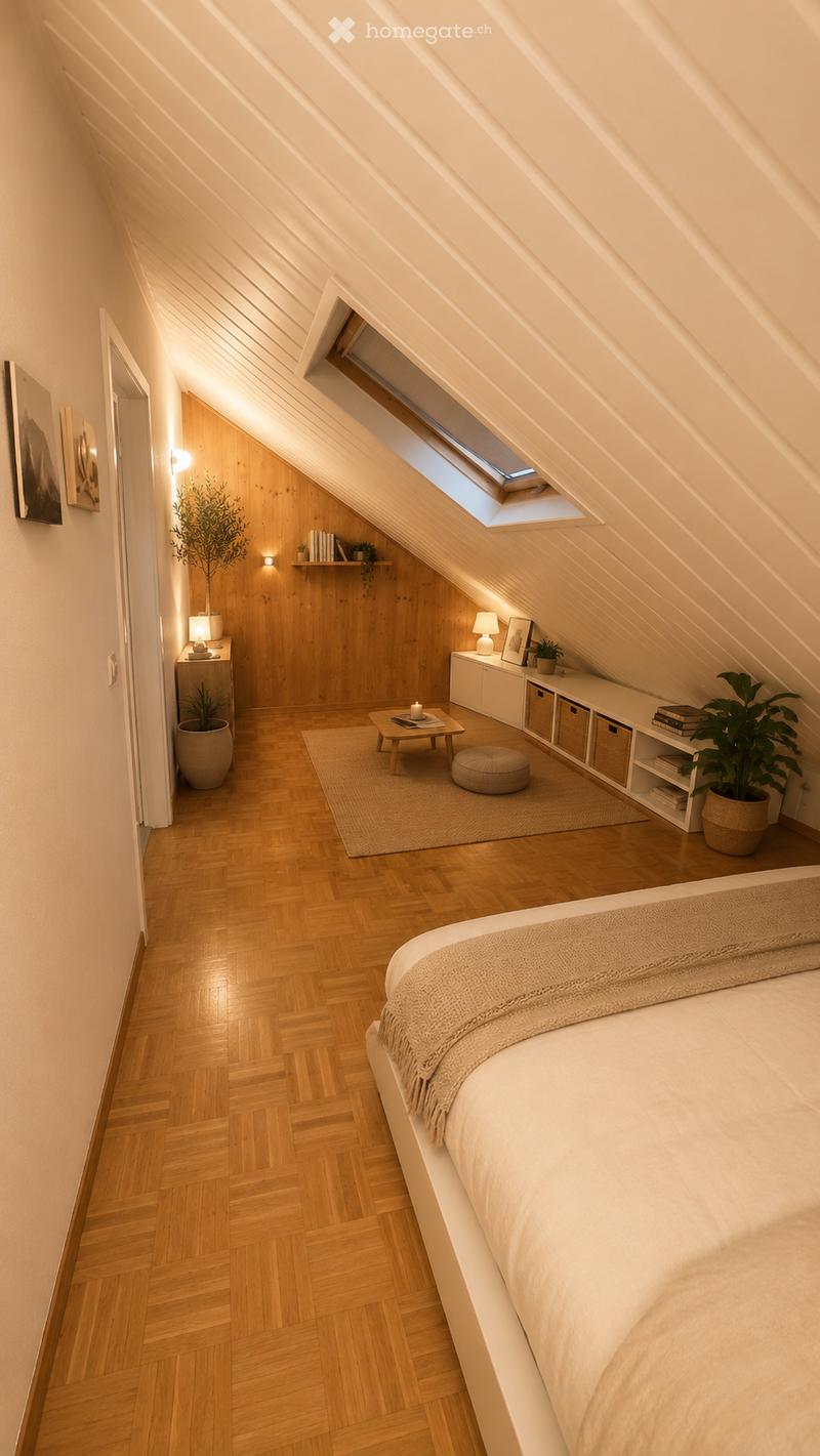 Cozy attic bedroom with wooden floors, slanted ceilings, and skylight windows. Features a bed, small table, stool, shelves, lamps, and plants.