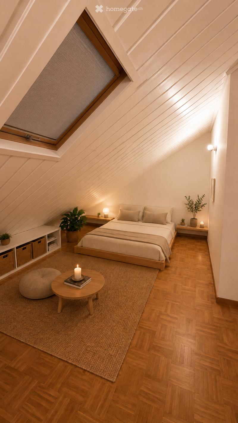 Cozy attic bedroom with wooden floors, slanted ceilings, and large windows. Features a bed with pillows and blankets, a nightstand with a lamp, a small round table with a candle and books, a woven rug, and built-in storage with baskets.
