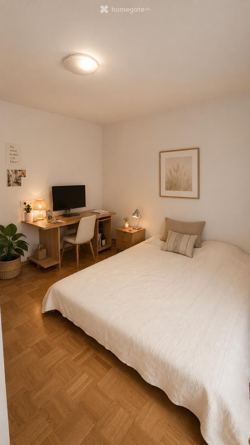 Cozy bedroom with a neatly made bed, a wooden desk with a screen, a chair, and a nightstand with a lamp. The room features wooden flooring and a framed picture on the wall.
