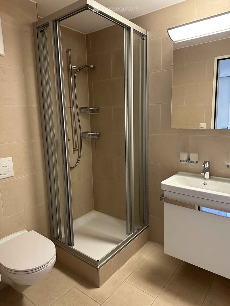 Modern bathroom with a glass-enclosed shower, toilet, sink, and mirror. Beige tiles and sleek fixtures.