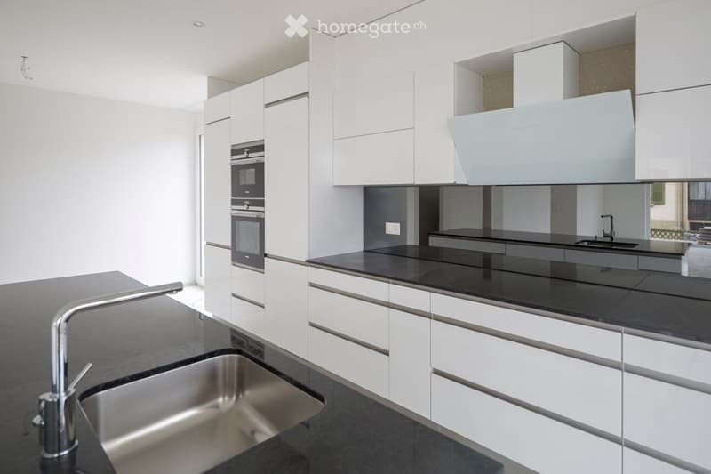 Modern kitchen with white cabinets, black countertops, stainless steel sink, and built-in oven.