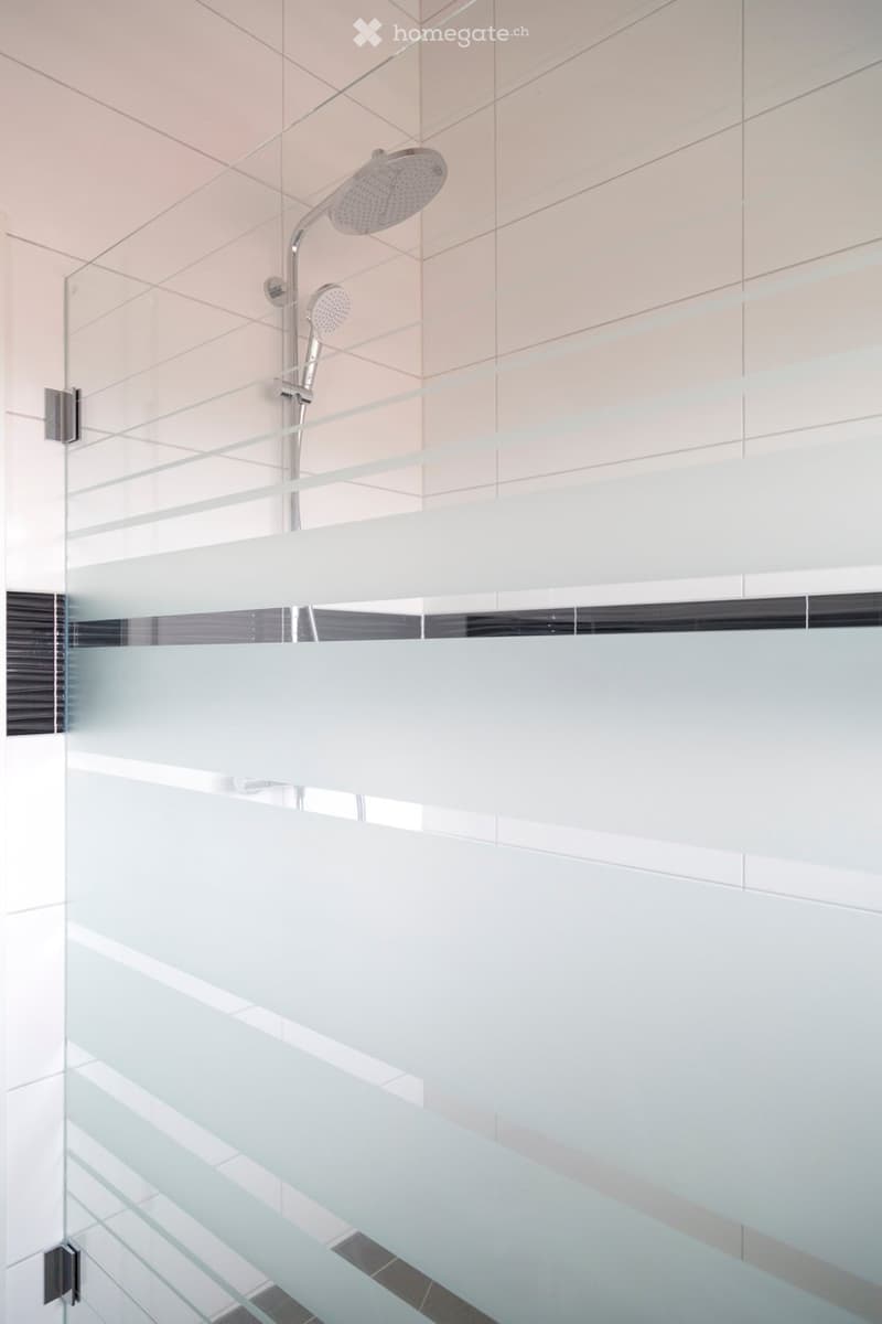 Modern bathroom with a glass shower enclosure, sleek showerhead, and light-colored tiles.