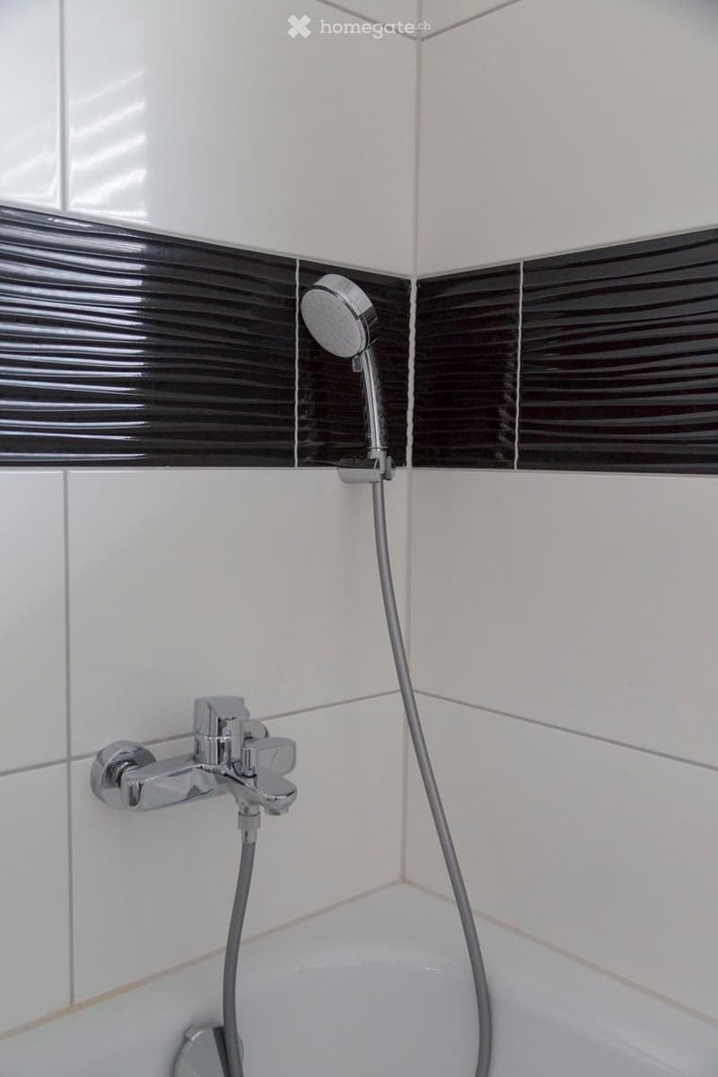 Modern bathroom with white tiles, black accent strip, chrome faucet, and handheld showerhead.