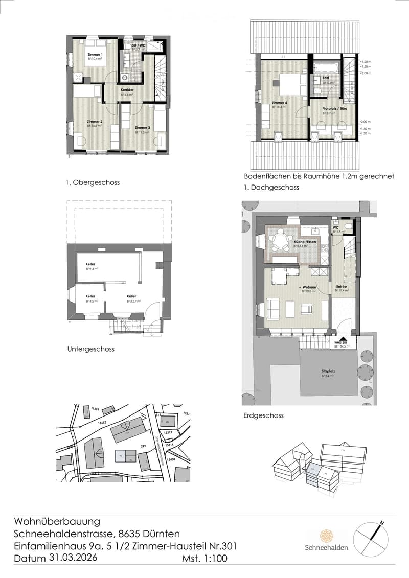 Floor plans of a residential building showing multiple levels including upper floor, roof floor, basement, ground floor, and site plan.