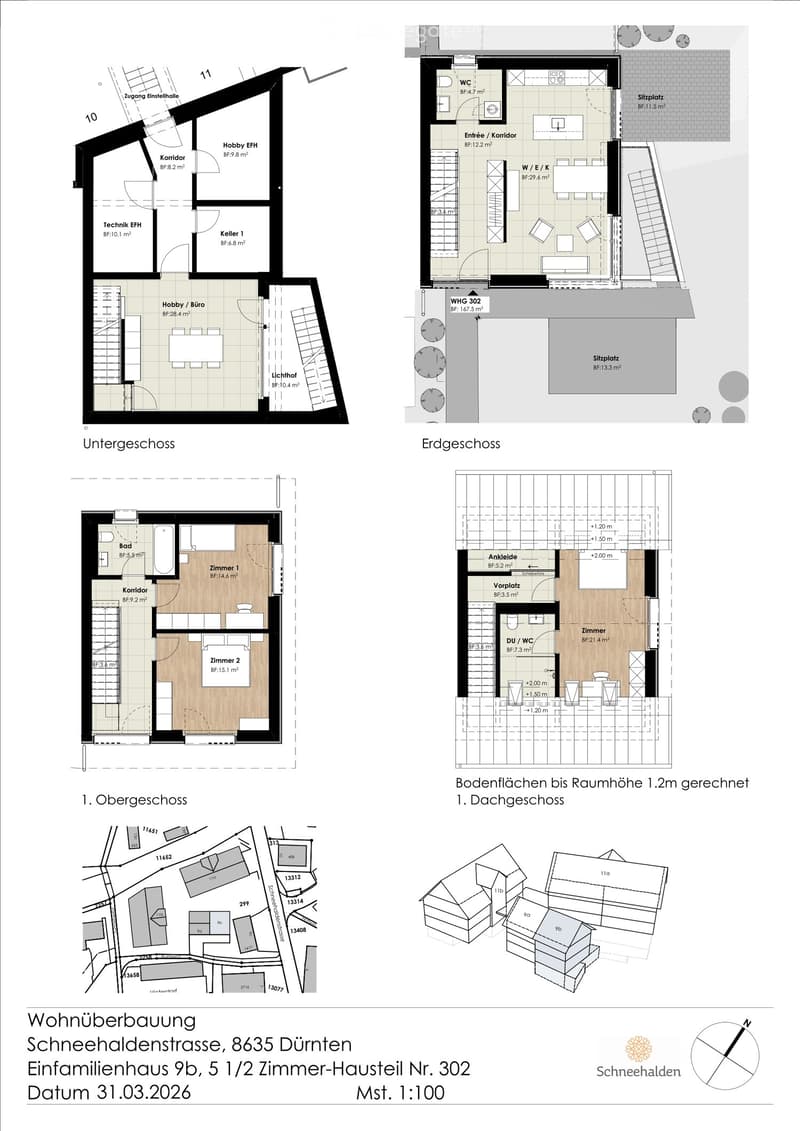 Floor plan of a residential building showing multiple levels including basement, ground floor, first floor, and attic. Layout includes rooms such as living room, kitchen, bedrooms, bathrooms, and hallway.