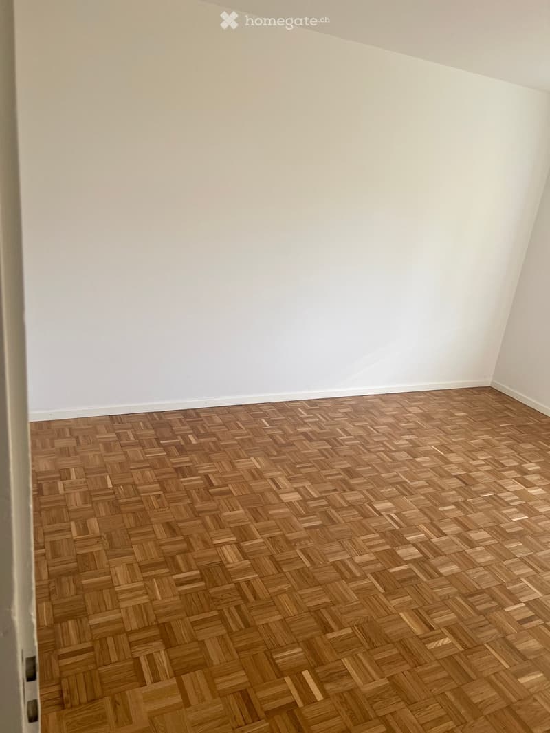 Empty room with light-colored walls and a herringbone-patterned wooden floor.
