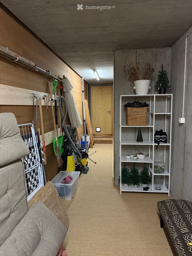 A cozy, well-organized room with a sofa, shelf, decorative items, and cleaning supplies.