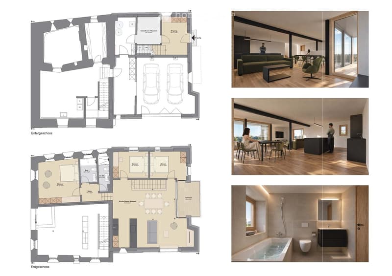 Floor plan of a two-story house with multiple rooms including living room, kitchen, bedrooms, bathrooms, and a terrace. The ground floor includes a living room, kitchen, dining area, and a terrace. The upper floor includes bedrooms, bathrooms, and a hallw