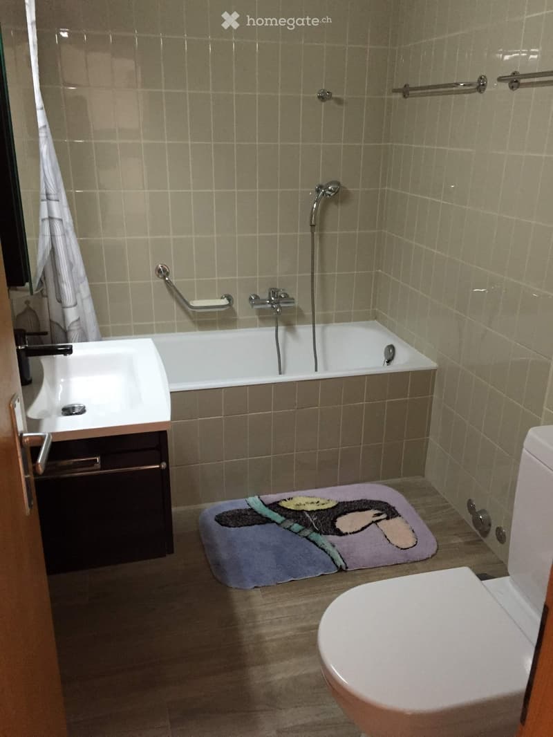 Bathroom with beige tiled walls, a bathtub with a handheld shower, a toilet, a sink with a faucet, a handrail, and a decorative rug on the floor.