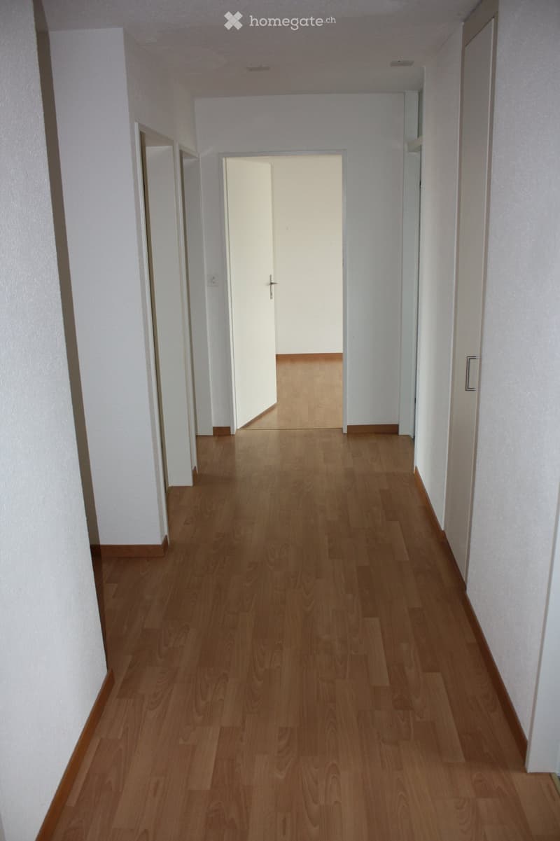 Empty hallway with light wooden flooring and white walls, featuring several doors and a visible room at the end.