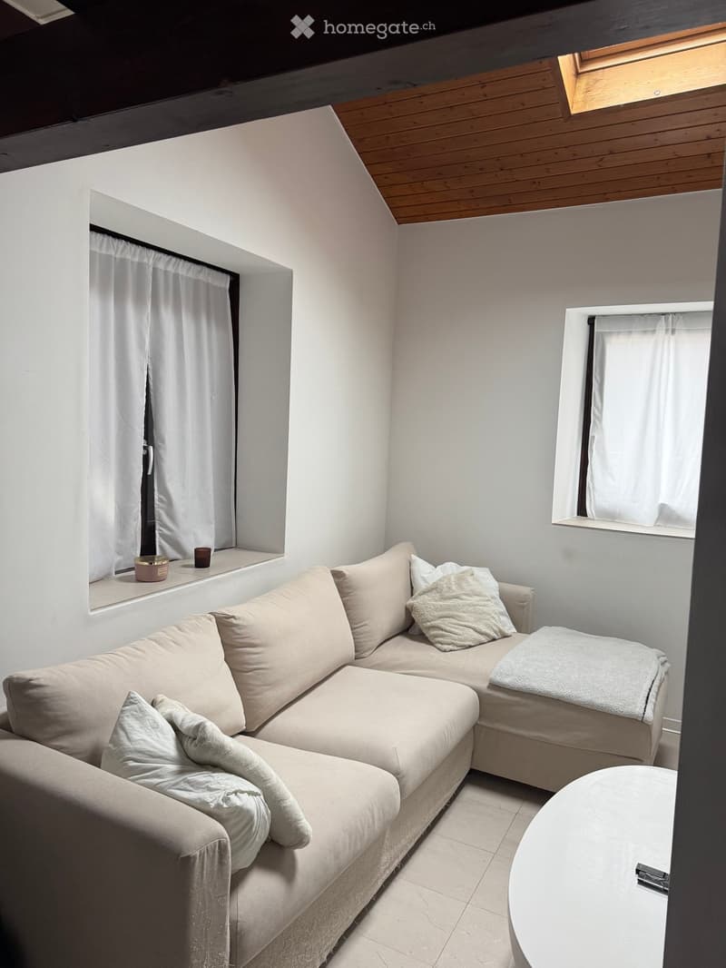 A cozy living room with a beige sectional sofa, multiple pillows, a small coffee table, and a window with white curtains. The room features a skylight and a small shelf with decorative items.