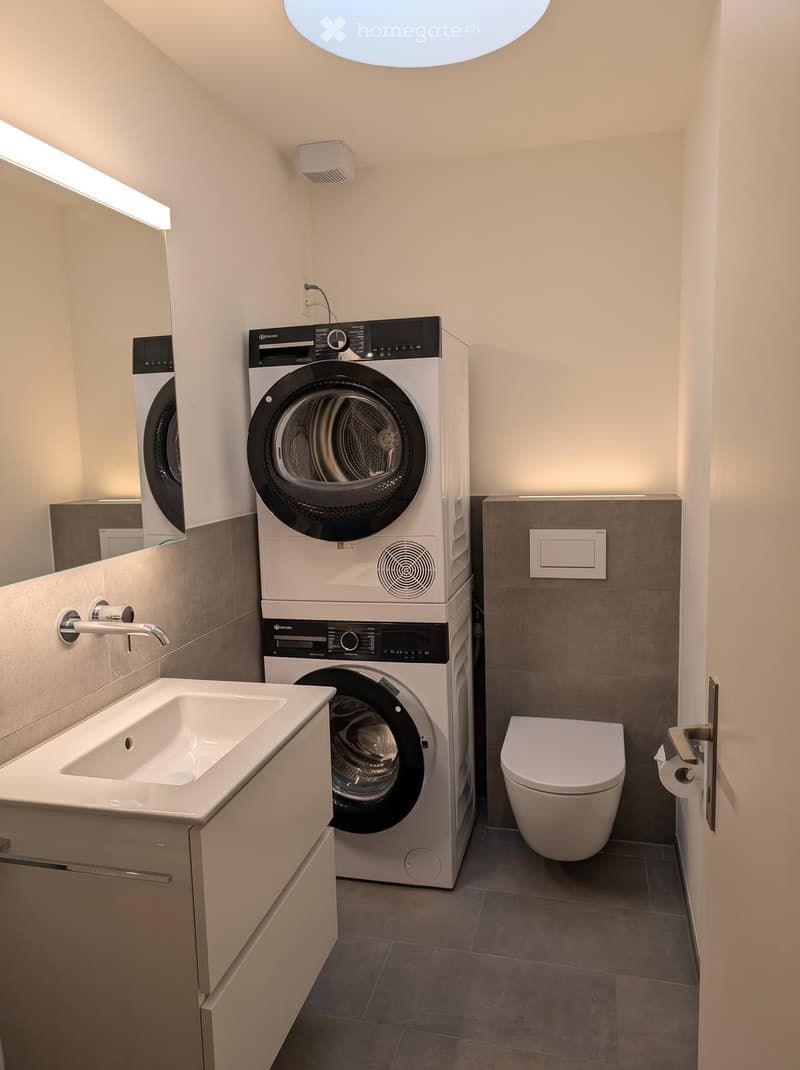 Modern bathroom with a sink, toilet, and stacked washing machine and dryer.