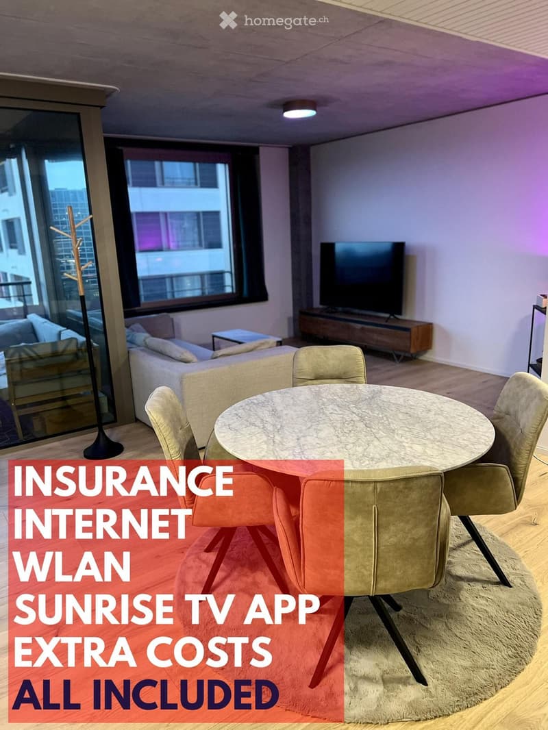 Modern living room with a sofa, coffee table, dining table with chairs, television, and floor lamp. Large windows offer a city view.