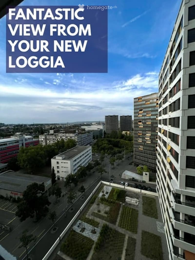 A panoramic view from a loggia showcasing a cityscape with modern buildings, green spaces, and a clear blue sky.