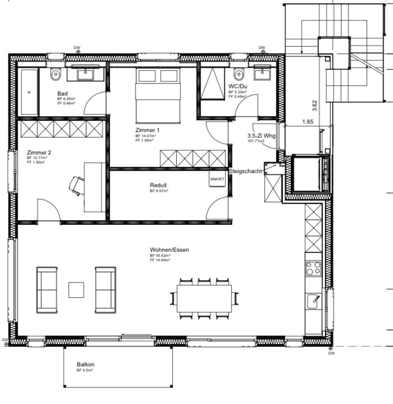 Floor plan of a residential space featuring a living/dining area, kitchen, two bedrooms, a bathroom, and a balcony.