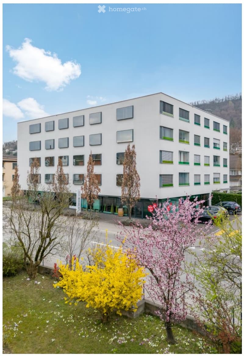 Modern multi-story building with white facade and green window frames, surrounded by spring flowers and trees, with parked cars visible in front.