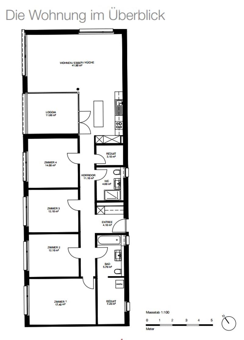 Floor plan of a 5-room apartment including living/dining/kitchen area, loggia, four bedrooms, hallway, bathroom, and two storage rooms.