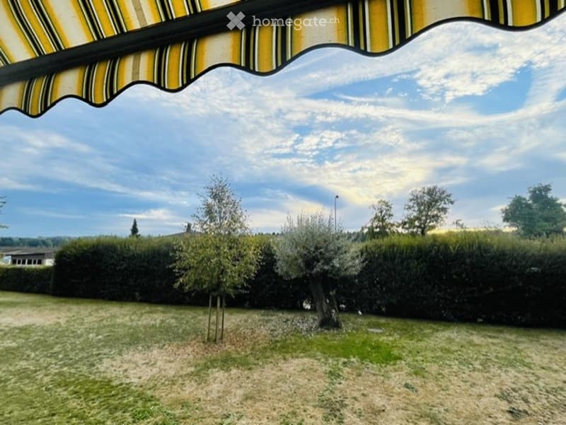 A well-maintained garden with trimmed hedges, olive trees, and a striped awning providing shade. The lawn is green, and the sky is partly cloudy.