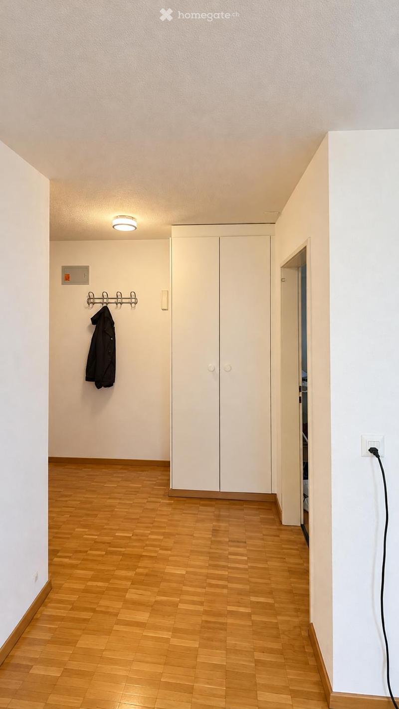 Empty hallway with wooden flooring, white walls, a coat rack with a jacket, a built-in closet, and a recessed ceiling light.
