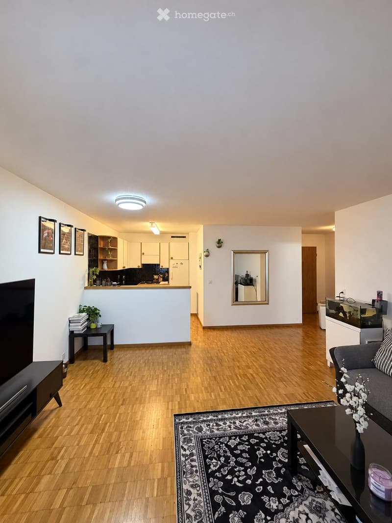 Modern living room with hardwood flooring, a grey sofa, coffee table, TV stand, and a small kitchen area with white cabinets and a countertop. A large mirror is mounted on the wall, and there are framed pictures and plants adding to the decor.