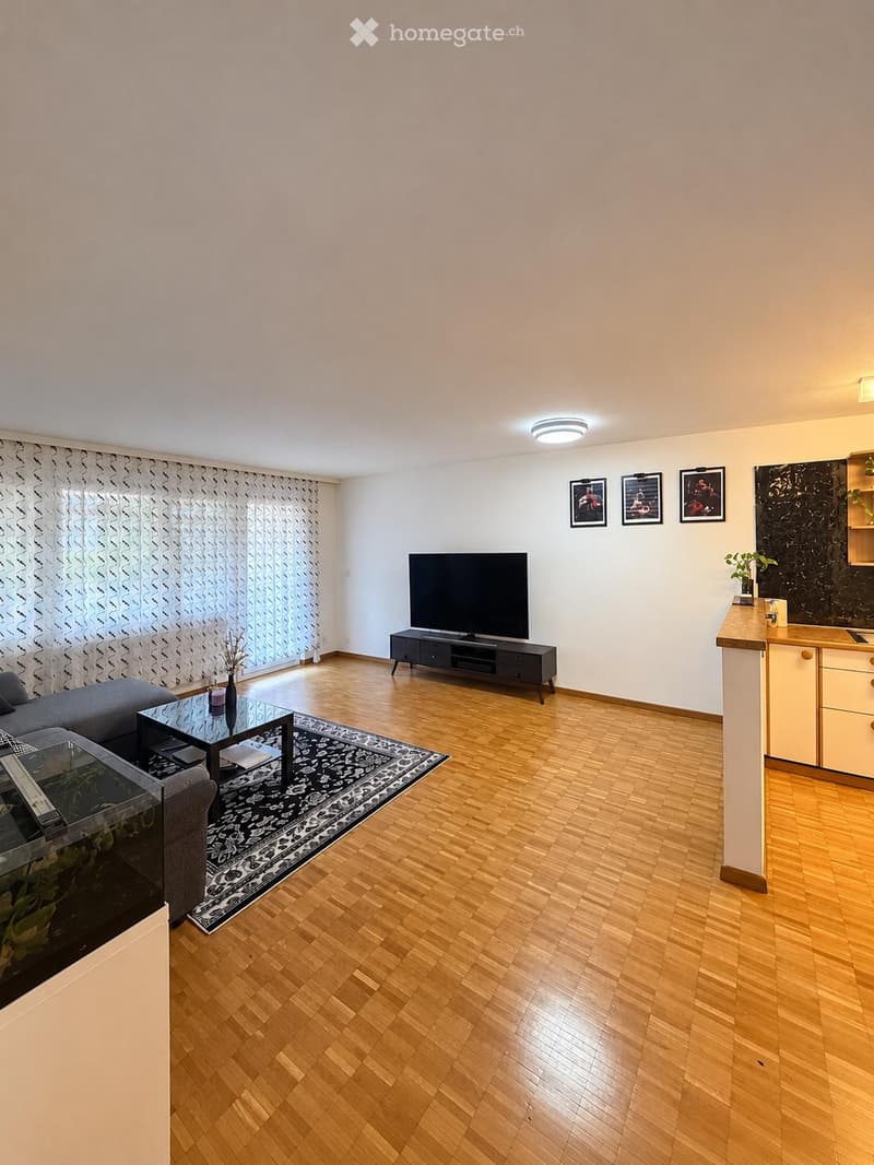 Modern living room with wooden flooring, large window with curtains, grey sofa, coffee table, TV cabinet, and decorative items.